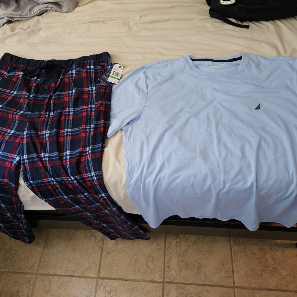 Nautica Sky Blue Tee and Red Plaid Pajama Pants